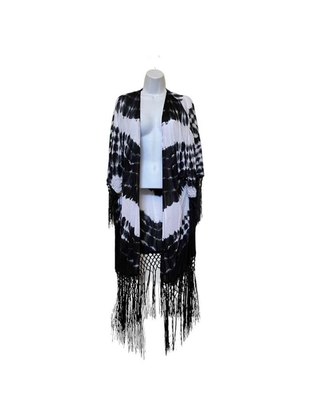 Torrid Womens Black White Tie Dye Fringe Kimono Size 1/2 - Picture 3 of 15